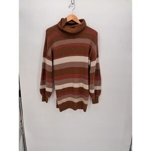 Pink Rose Women's Striped Knit Sweater Tunic Large Boho Chic Turtle Neck Waffle